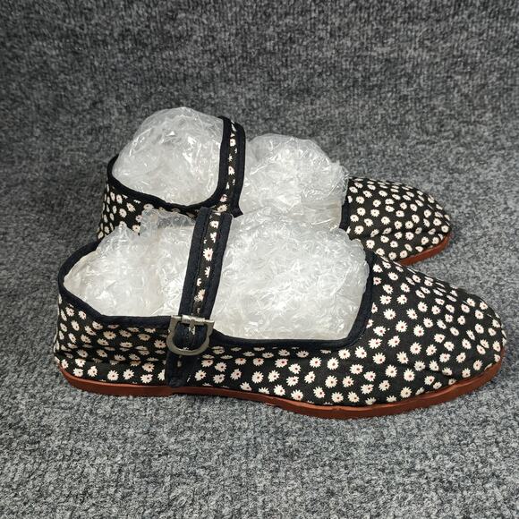 Hao Yu Mary Jane Shoes Womens Size 7 Black White Floral Daisy Print Strap China - Picture 3 of 9